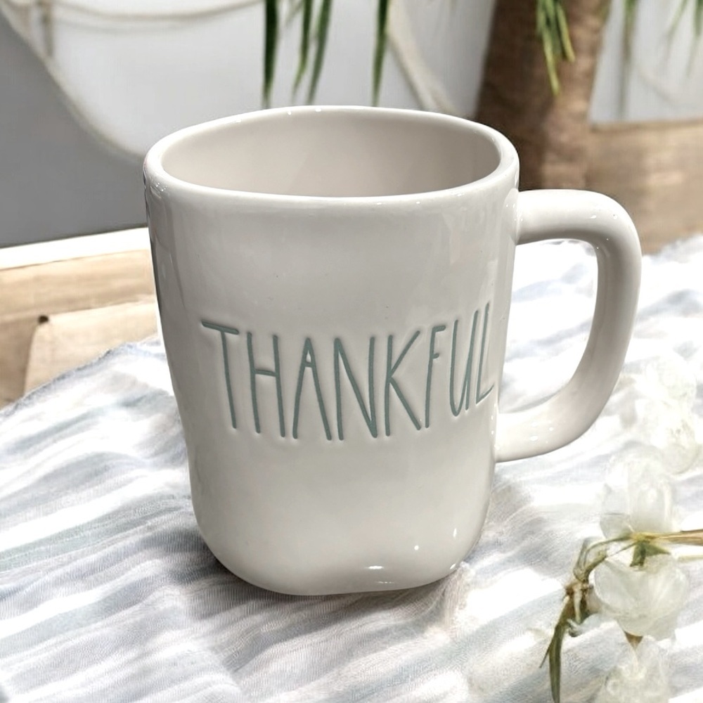 NEW RAE DUNN Large THANKFUL Mug Ceramic Harvest Fall White Green Gratitude